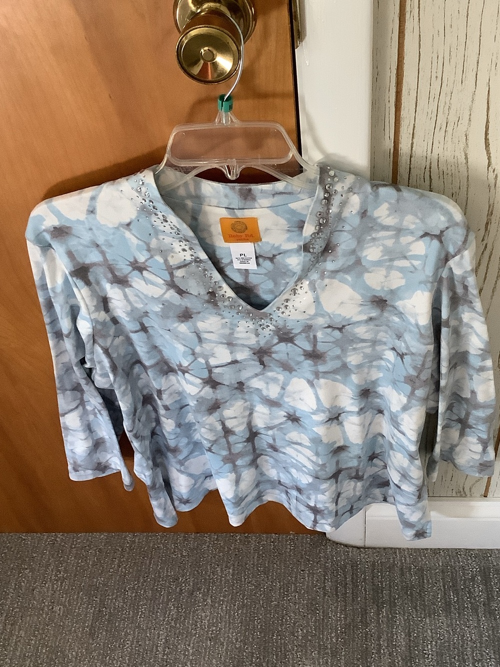 Ruby Rd. Blue, White & Dark Gray  V-Neck Long Sleeve Top with Rhinestone Trim